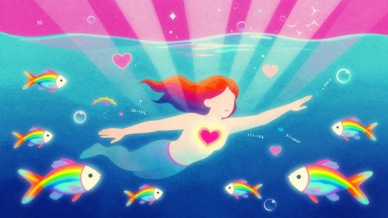 Человек плавает под водой среди радужных рыб, сердце светится в психоделическом стиле.