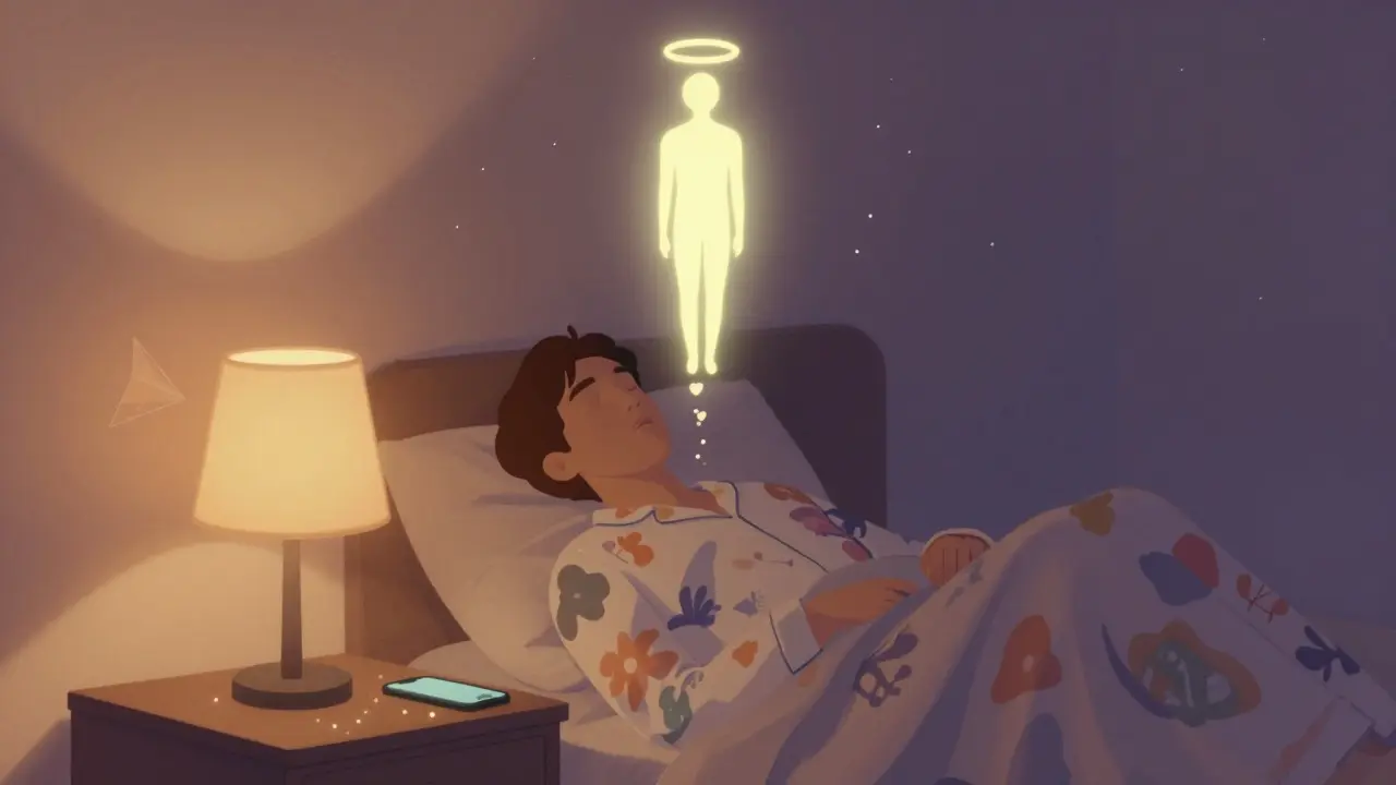 Человек выключает свет, а над ним парит светящаяся планка, окружённая мягкими волнами и звёздами.