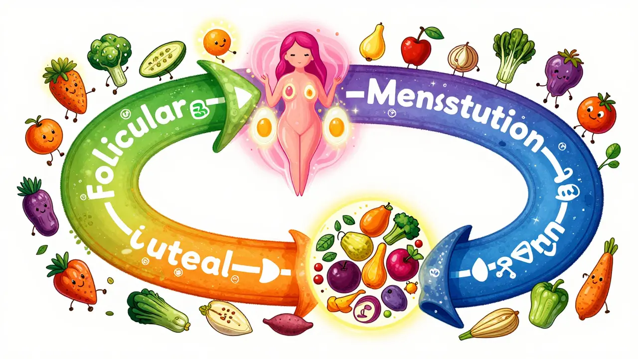Цикл женского организма изображен как радужная дорожка с фазами и соответствующими продуктами.