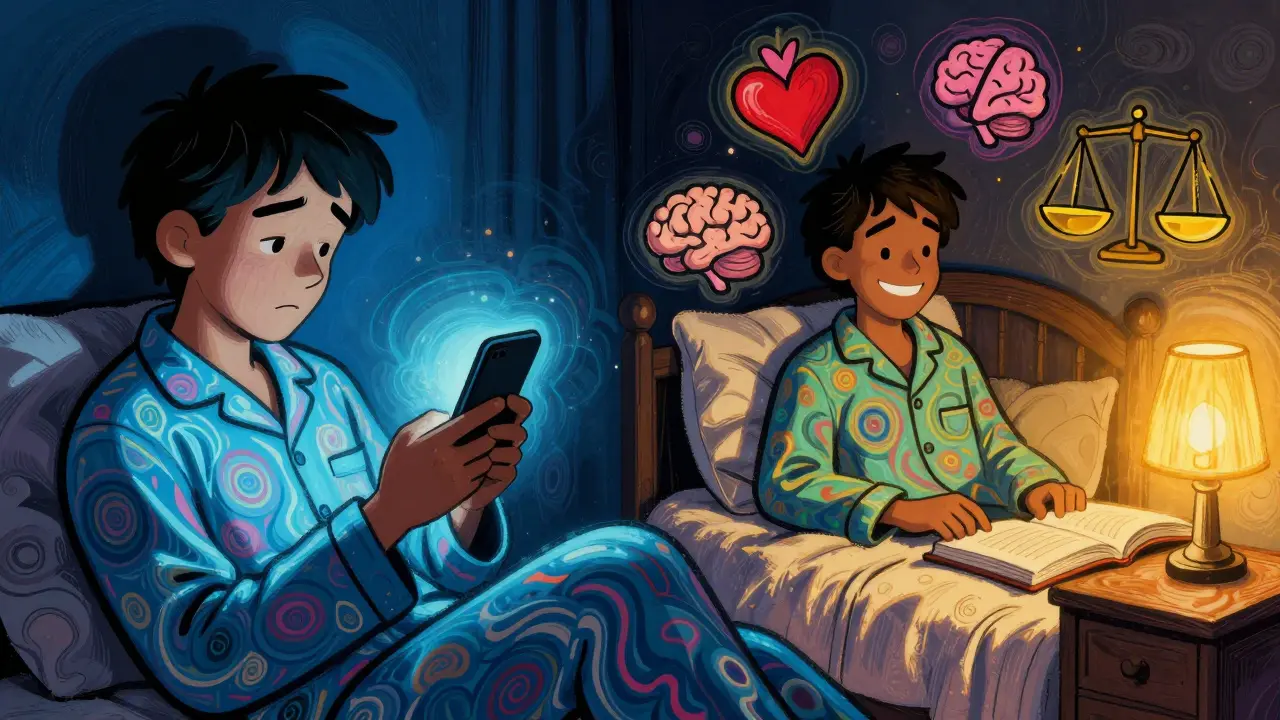 Два образа человека: один с телефоном ночью, другой в спокойной спальне с книгой.