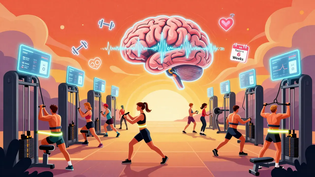 Футуристический зал с голографическими расчетами 1ПМ и пульсирующим мозгом, символизирующим восстановление.