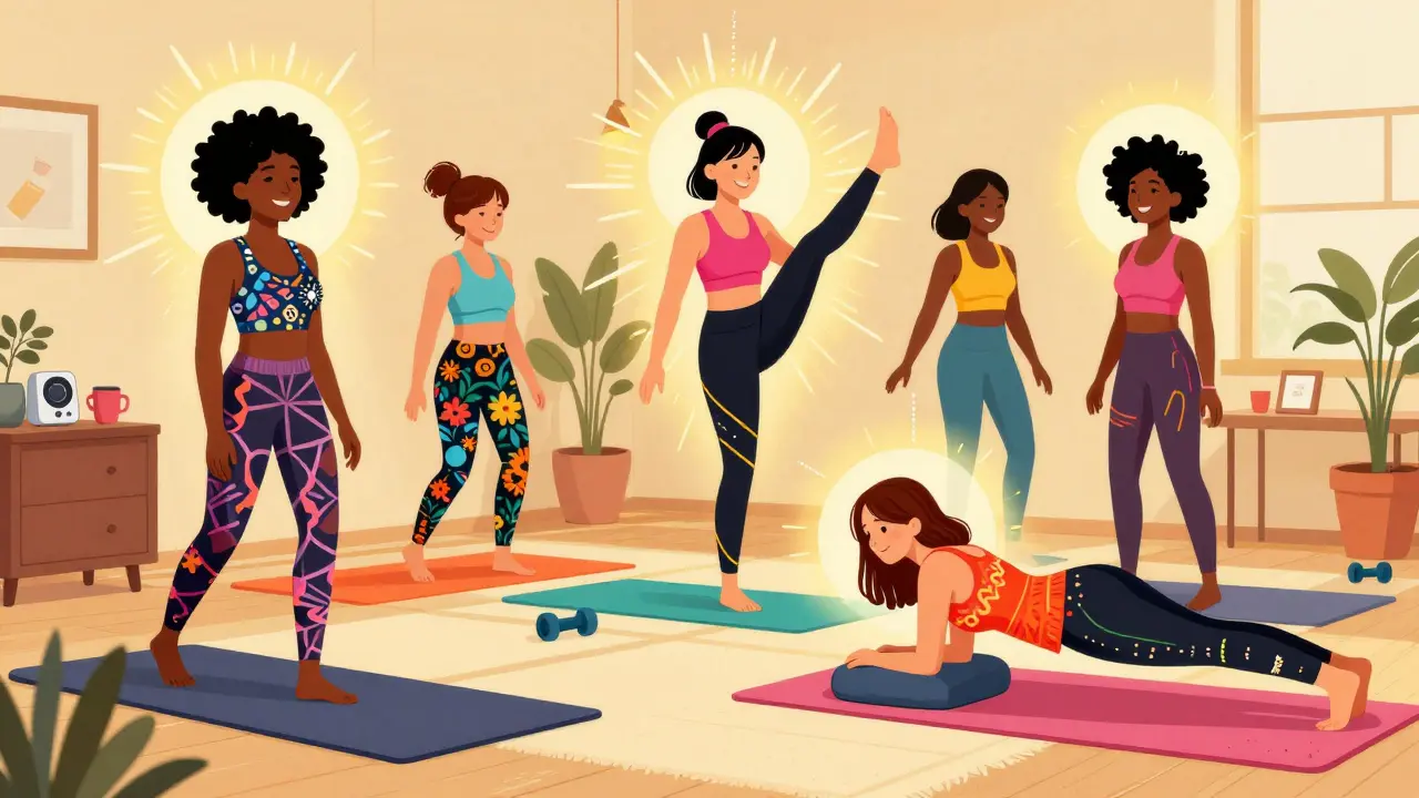 Группа женщин разных возрастов занимается дома без прыжков: мостик, ходьба с подъемом колен, планка.