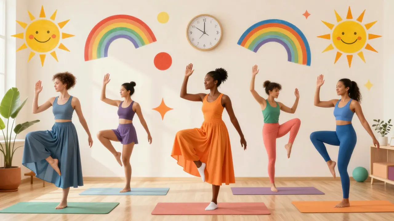 Люди делают низкоударные упражнения дома в психоделическом стиле с радугами и солнцами, символизируя безопасную тренировку.