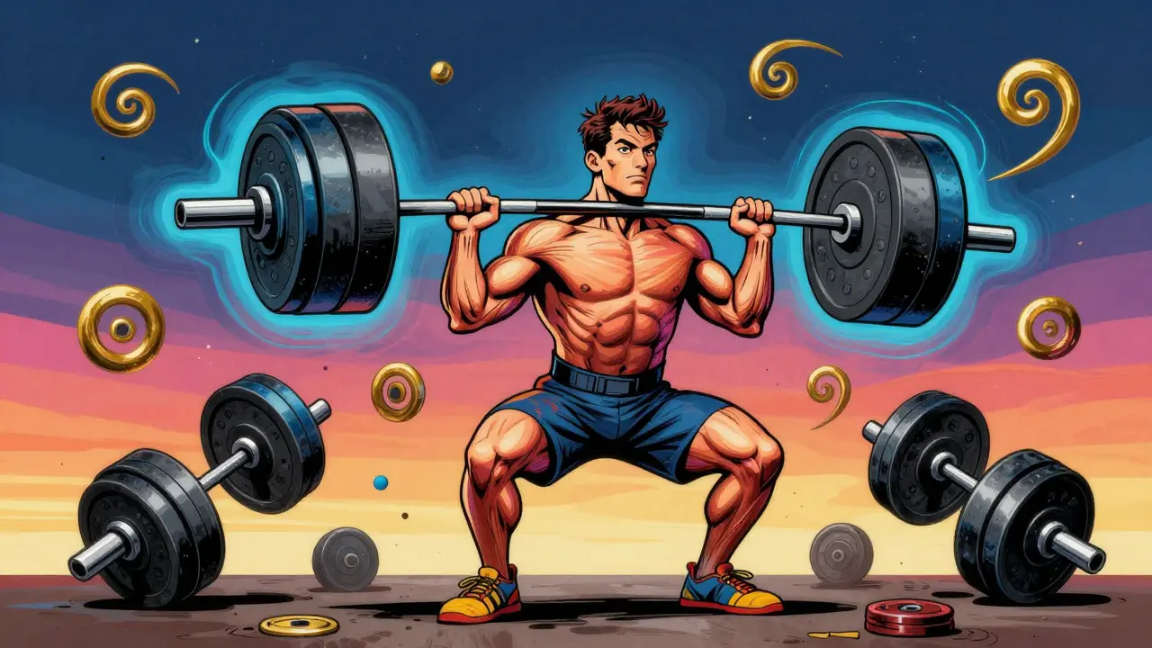 Мужчина делает становую тягу, его спина выделяется яркими цветами, вокруг — летающие гири и космический закат.