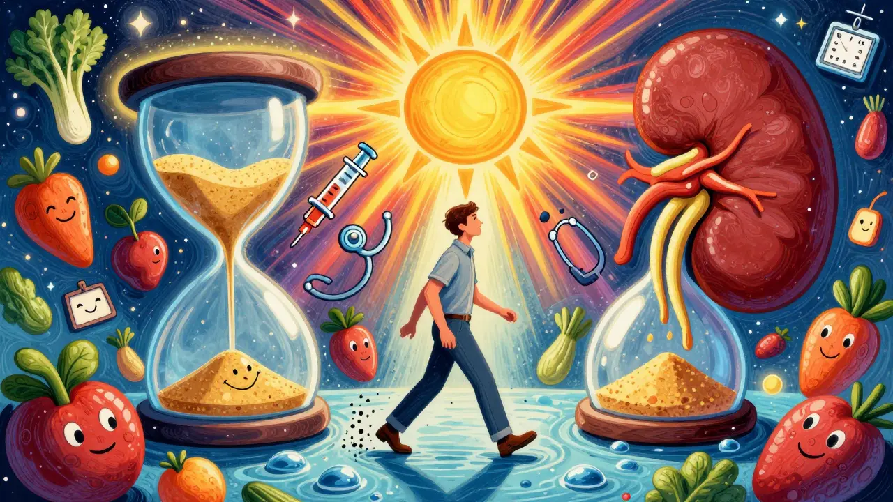 Мужчина идет по дорожке из капель воды, а камни в почках превращаются в пыль под солнцем-почкой.