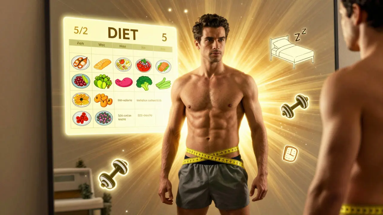 Мужчина с прессом перед зеркалом, вокруг него светящийся календарь диеты 5/2 и инструменты здоровья.