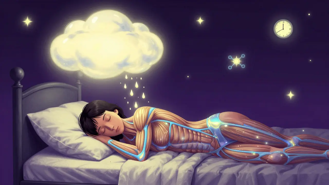 Ночной прием творога: аминокислоты, как звездная пыль, питающие мышцы во сне в стиле Питера Макс.