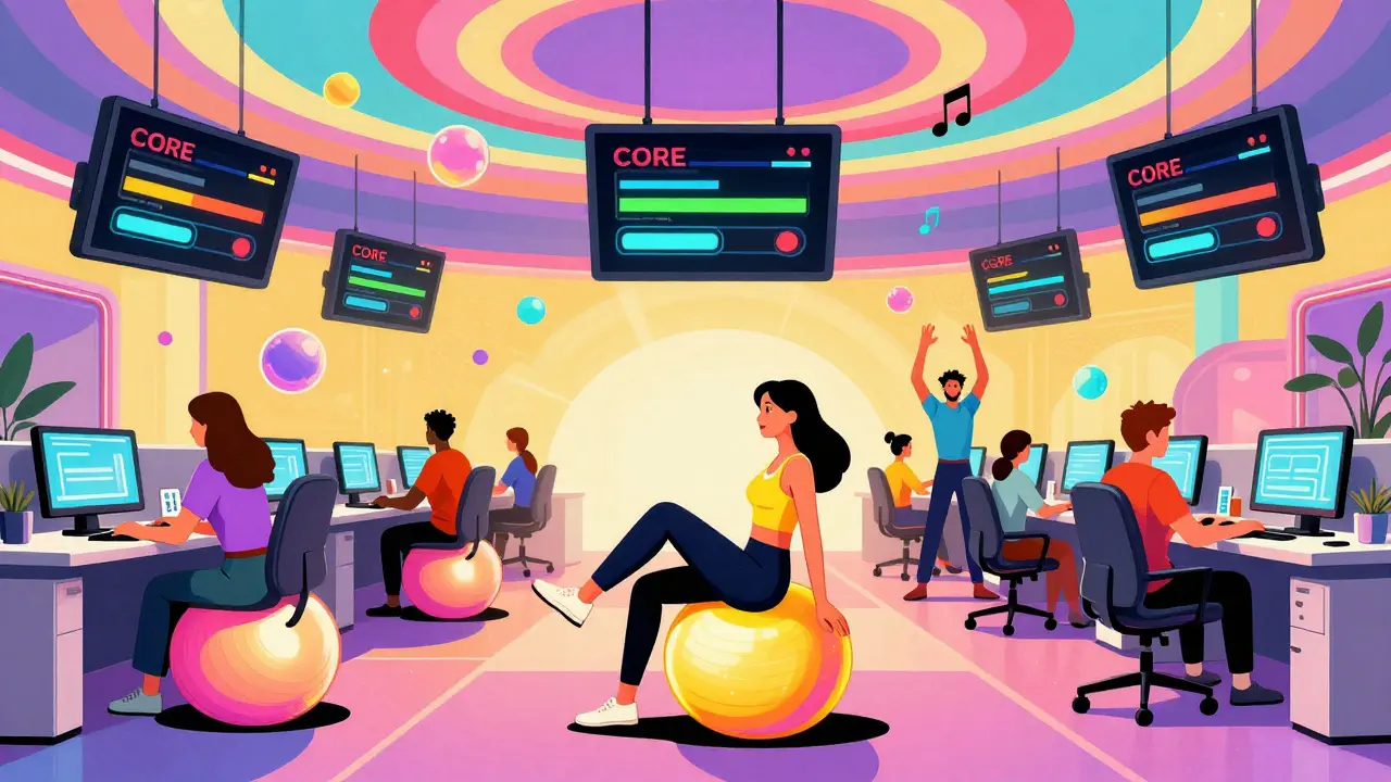 Офисные сотрудники сидят на фитболах и стульях, вокруг — анимированные индикаторы активации мышц и психоделические узоры.