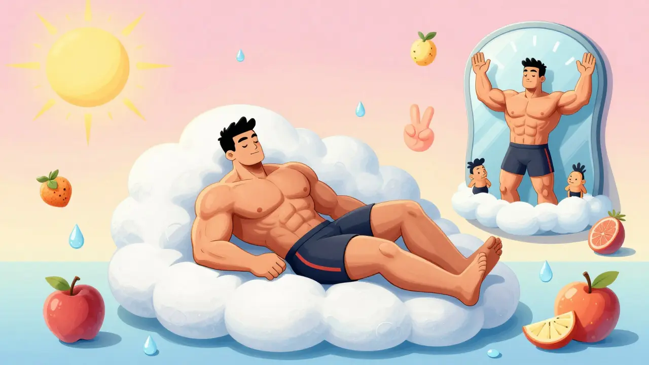 Отдыхающий бодибилдер на облаке с мечтательными мышцами и символами восстановления