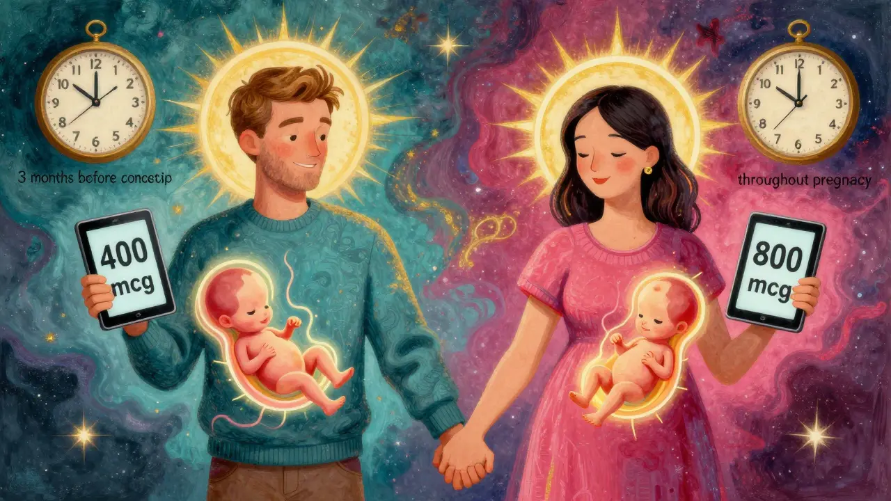Пара держит таблетки фолиевой кислоты, сияющие эмбрионы внутри них, фон — космические узоры.