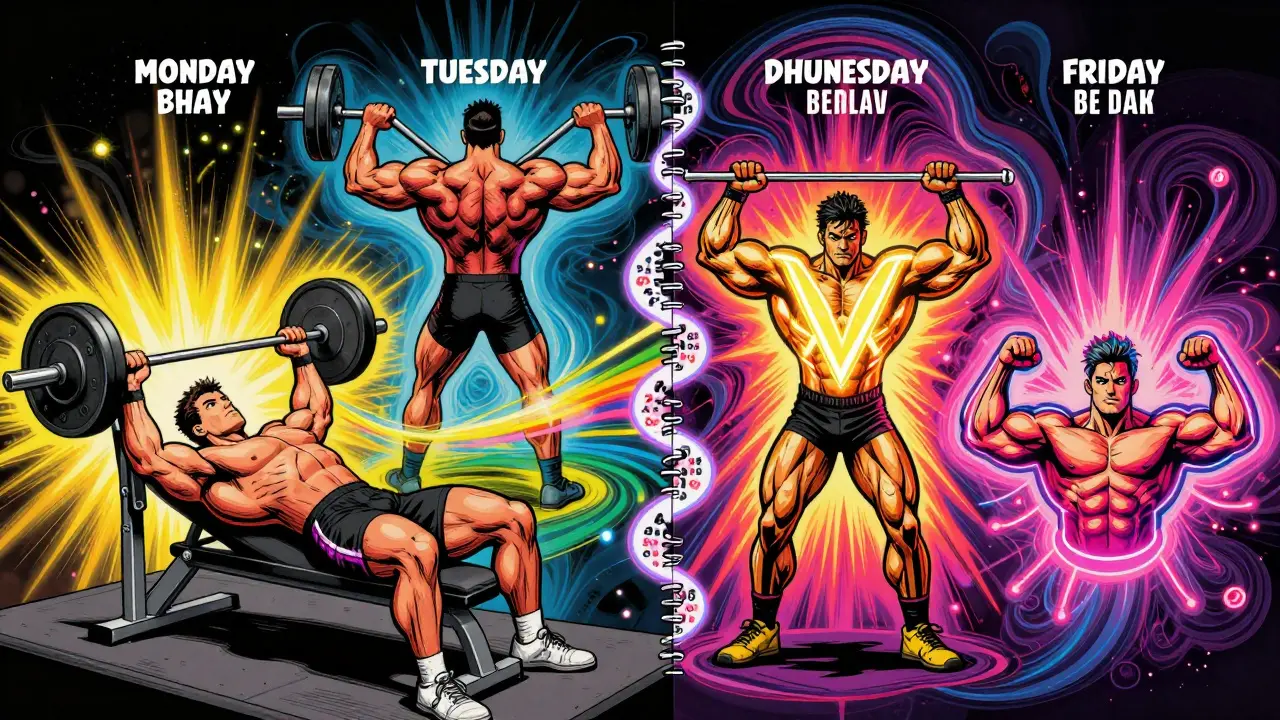 Пятидневный график тренировок в виде психоделической спирали с цветными мышцами