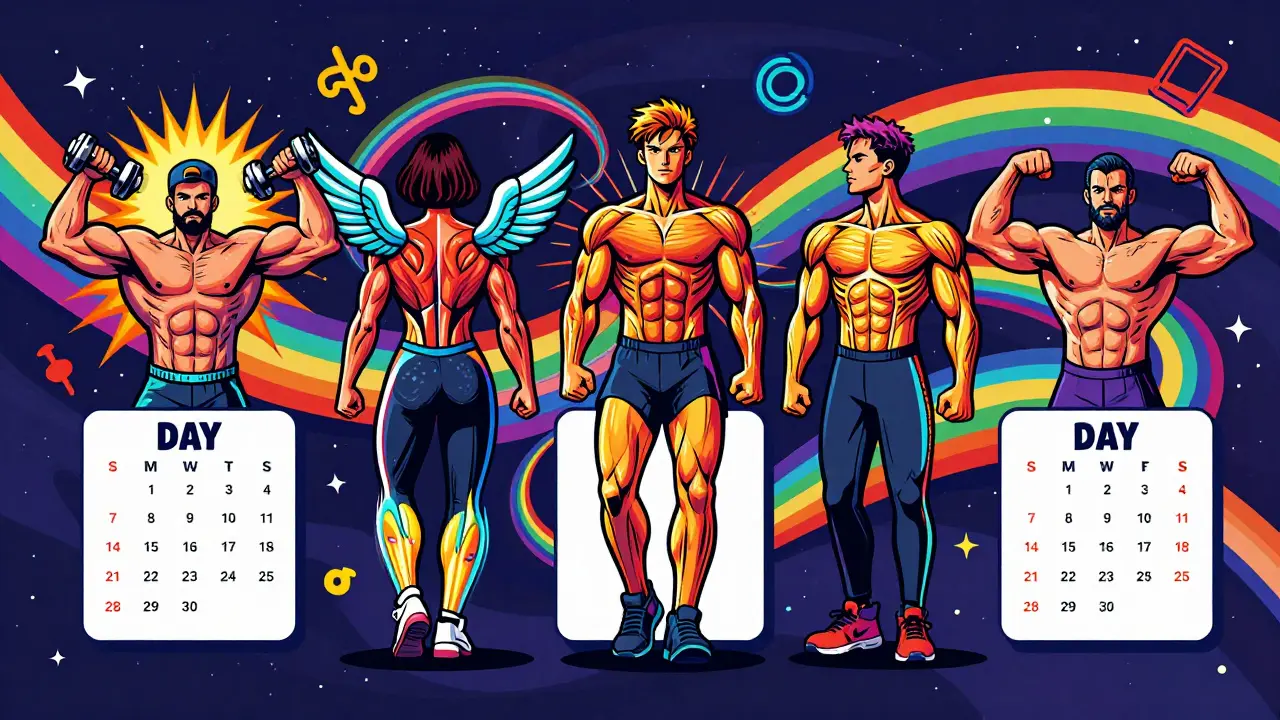 Пятидневный тренировочный календарь в стиле Петера Макса: каждая группа мышц изображена как цветной символ с радужными лентами.