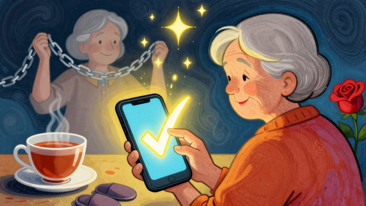 Пожилая женщина касается светящейся галочки, её молодая версия стоит позади, цепочка восстанавливается.