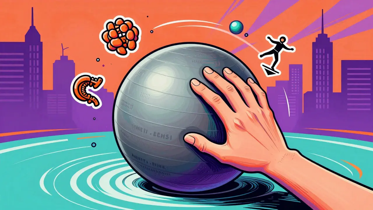 Рука надавливает на фитбол, он слегка прогибается, вокруг — символы спины и мышц в психоделическом стиле.