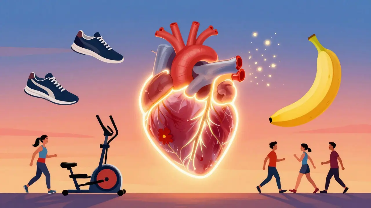 Сердце превращается в цветок, окруженное символами здоровья и людьми, двигающимися в своем темпе, как метафора прогресса.