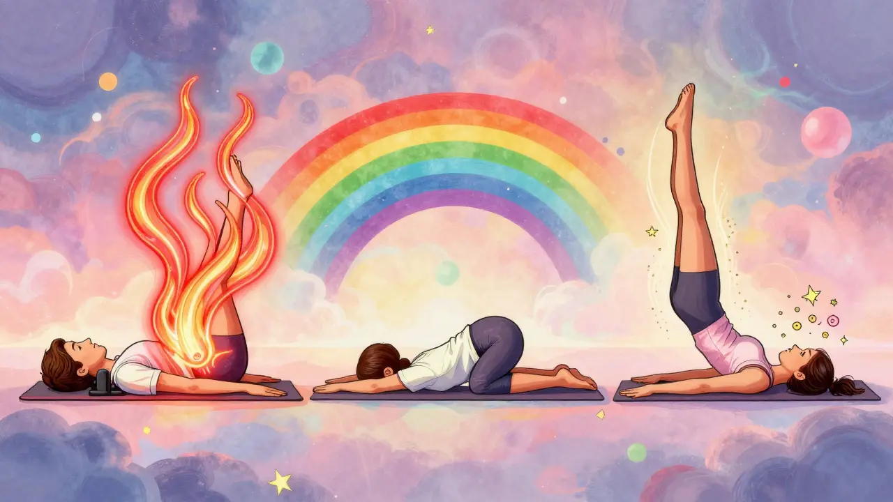 Схема трёх упражнений пилатеса: &#039;Сотня&#039;, &#039;Кошка-корова&#039; и &#039;Мостик&#039;, выполненных в психоделическом стиле с энергетическими волнами.