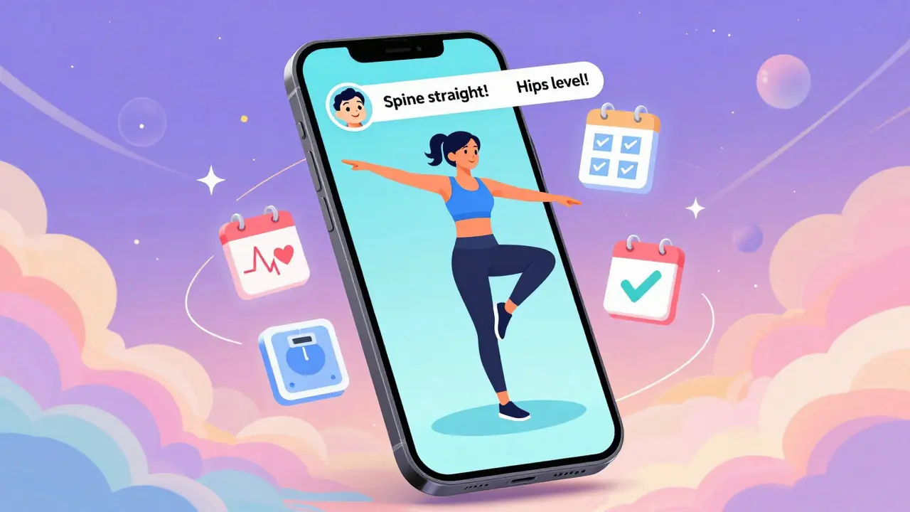 Смартфон с ИИ-тренером показывает советы по технике, женщина делает подъем на носки, вокруг — символы прогресса.