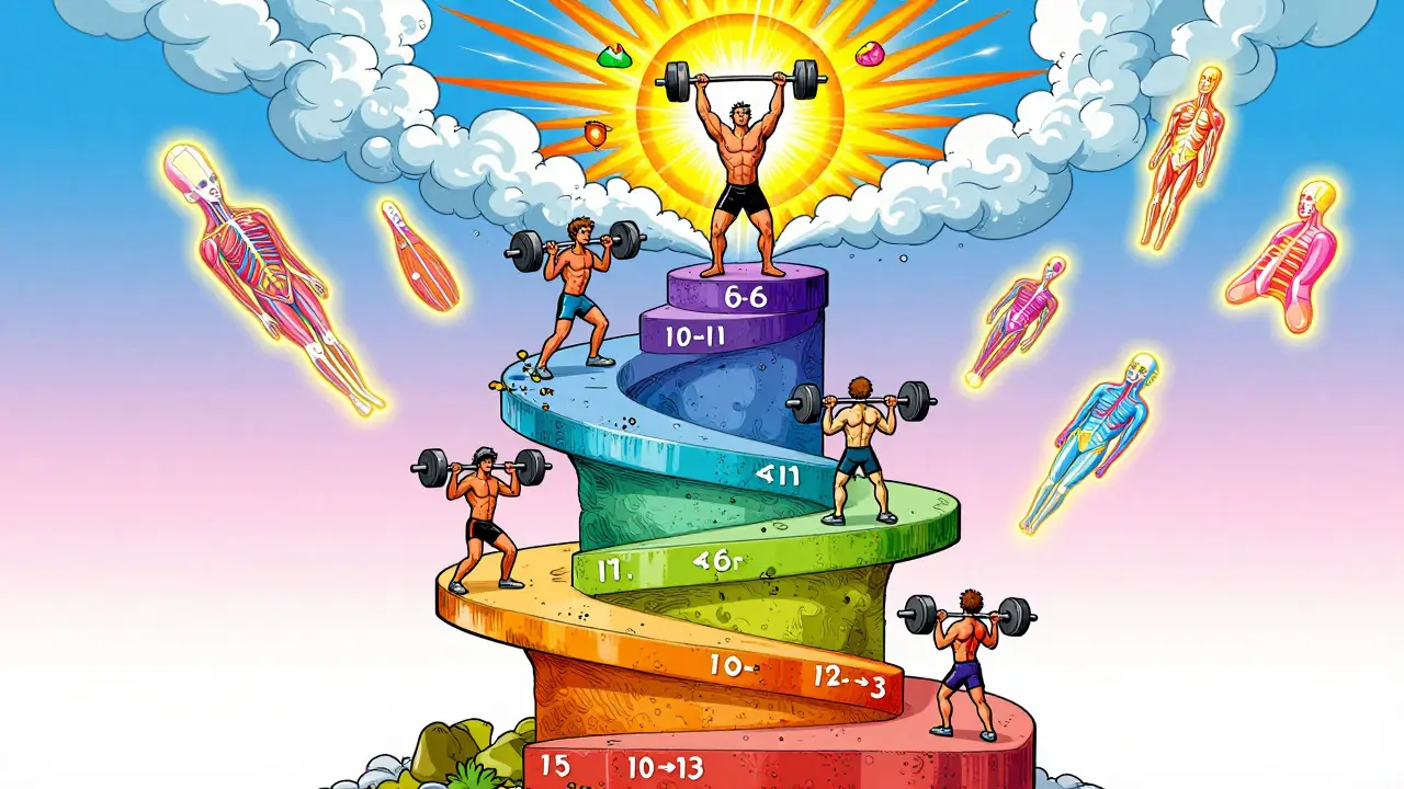 Спираль тренировочного цикла от 10 до 3 повторений, атлет поднимается к вершине силы среди светящихся нервов и мышц.