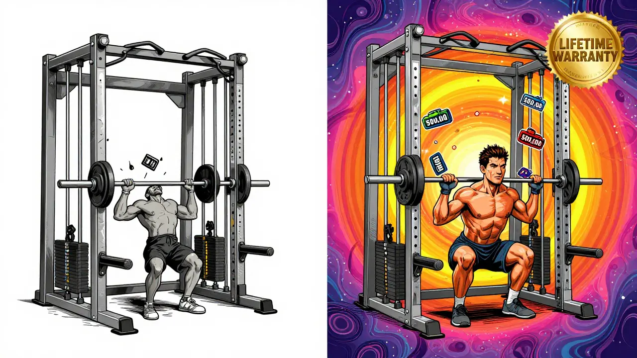 Сравнение дешевой и профессиональной Смит-машины: одна ломается, другая светится безопасностью.