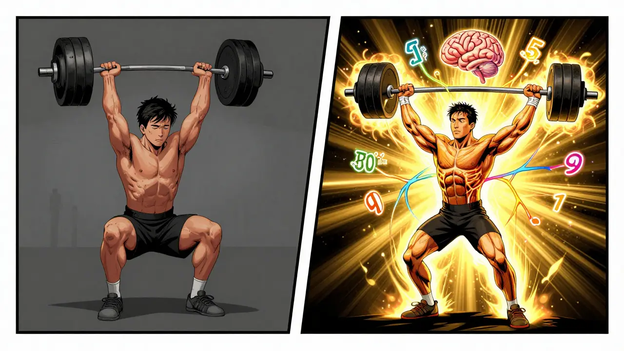 Сравнение двух тренировок: слабая с высокими повторениями и мощная с малыми, с нейронными путями в виде радуги.