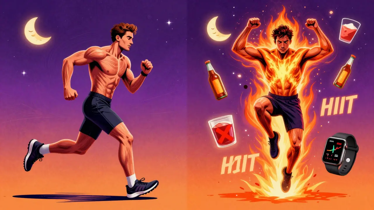 Сравнение медленного бега и HIIT в психоделическом стиле с символами сна, алкоголя и умных часов.