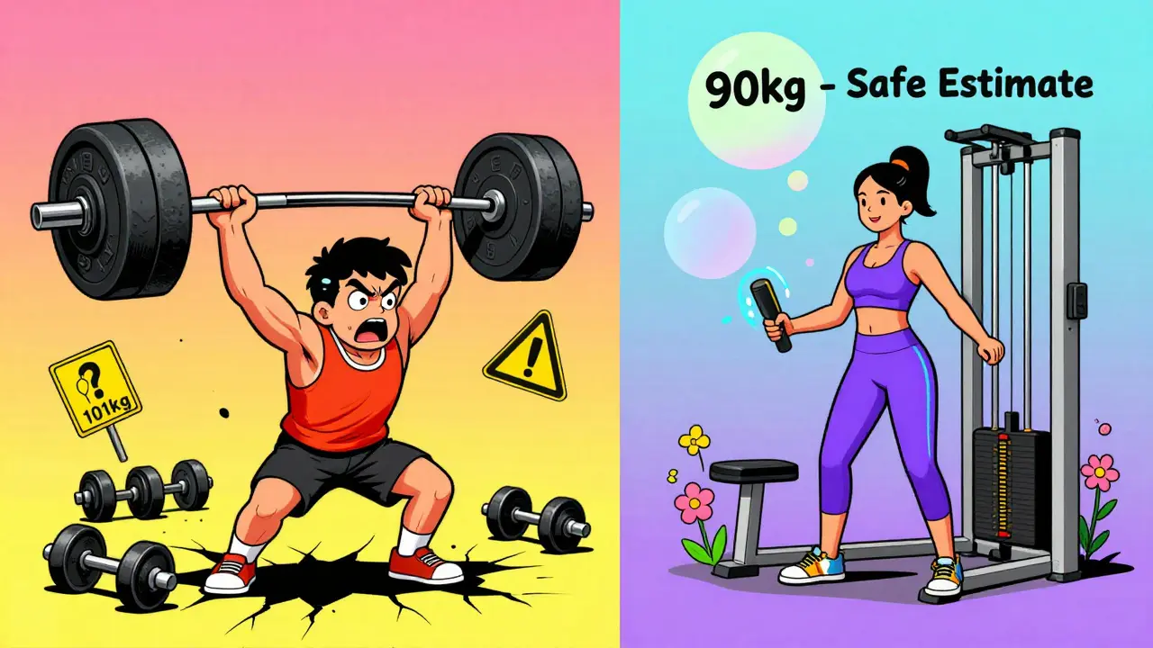 Сравнение: напуганный новичок под тяжелой штангой и спокойная женщина с безопасной оценкой веса.