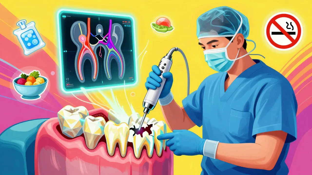 Стоматолог удаляет зуб мудрости с помощью ультразвукового инструмента, рядом — голографические сканы корней.