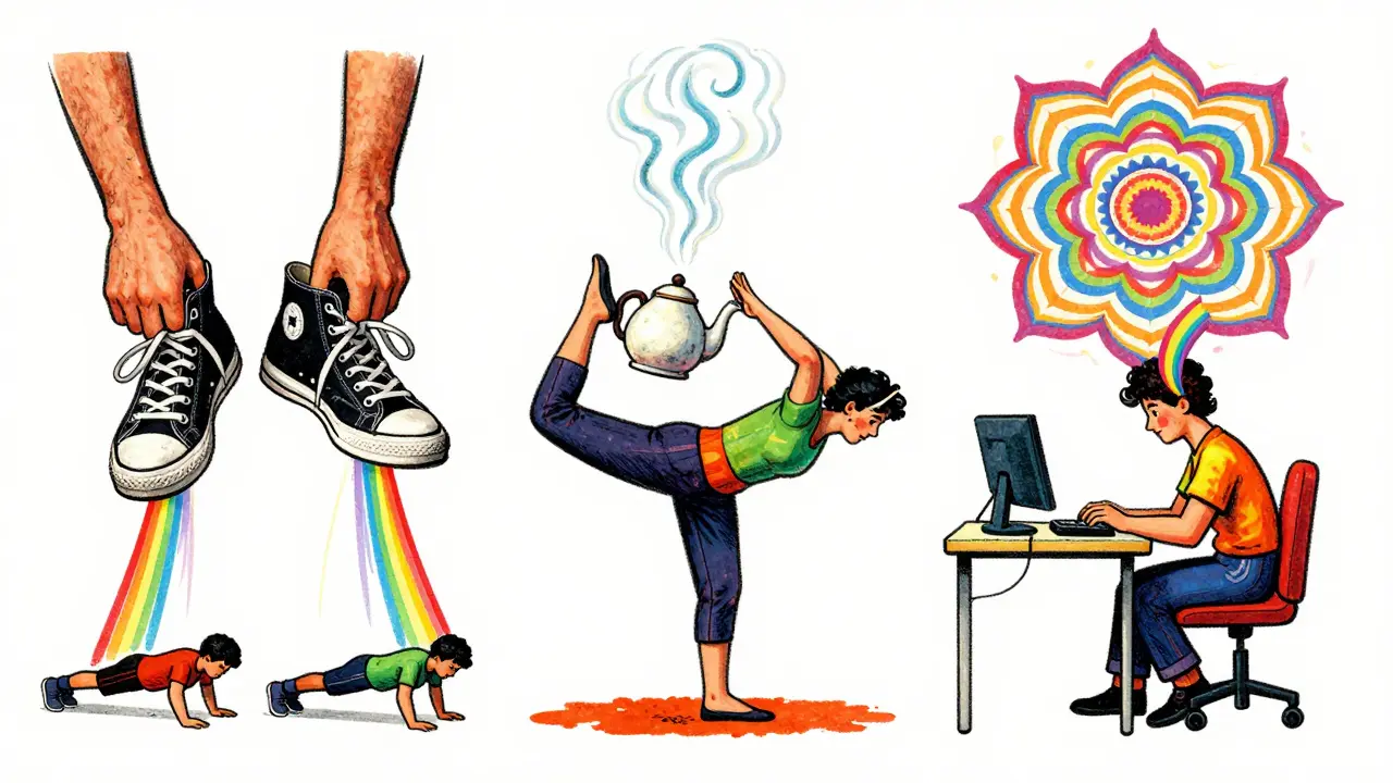 Три сцены: снятие кроссовок, чайник с паром в виде йоги и растяжка за компьютером, соединённые радужными лентами.