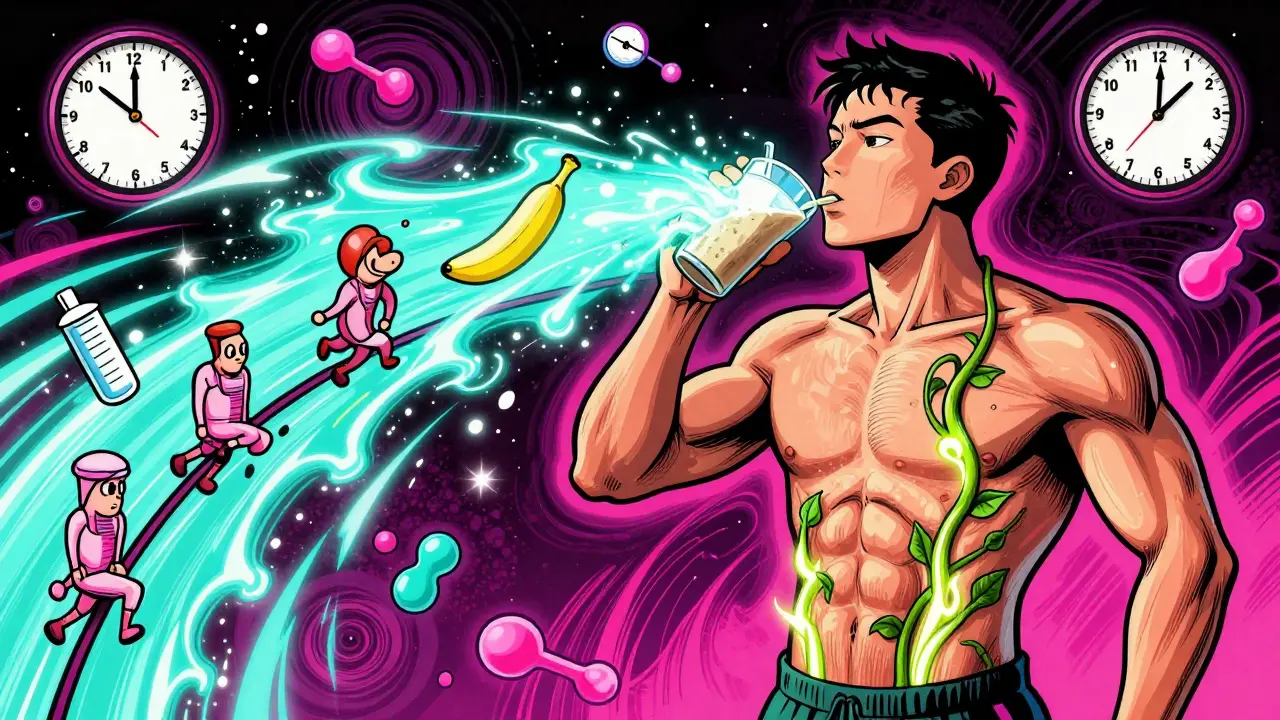 Восстановление после тренировки: протеиновый коктейль и банан с глюкозой, вызывающей рост мышц в психоделическом стиле.