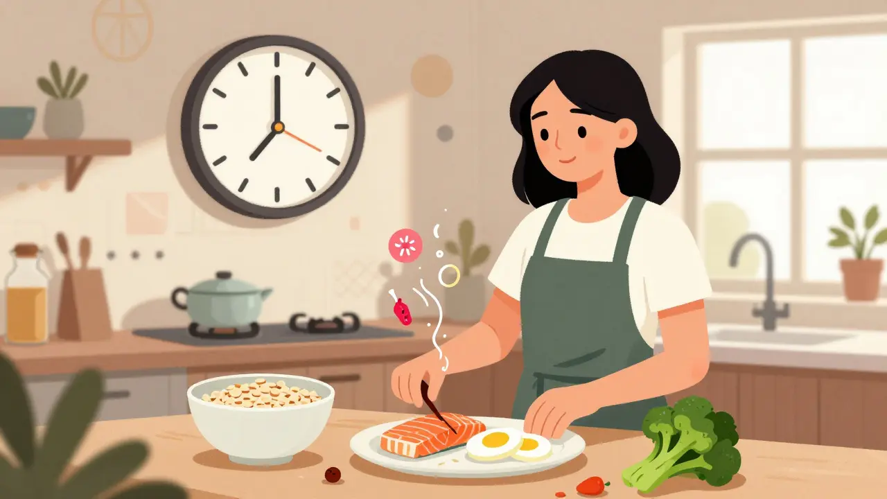 Женщина готовит простую еду в уютной кухне, вокруг нее плавают символы энергии и здоровья.