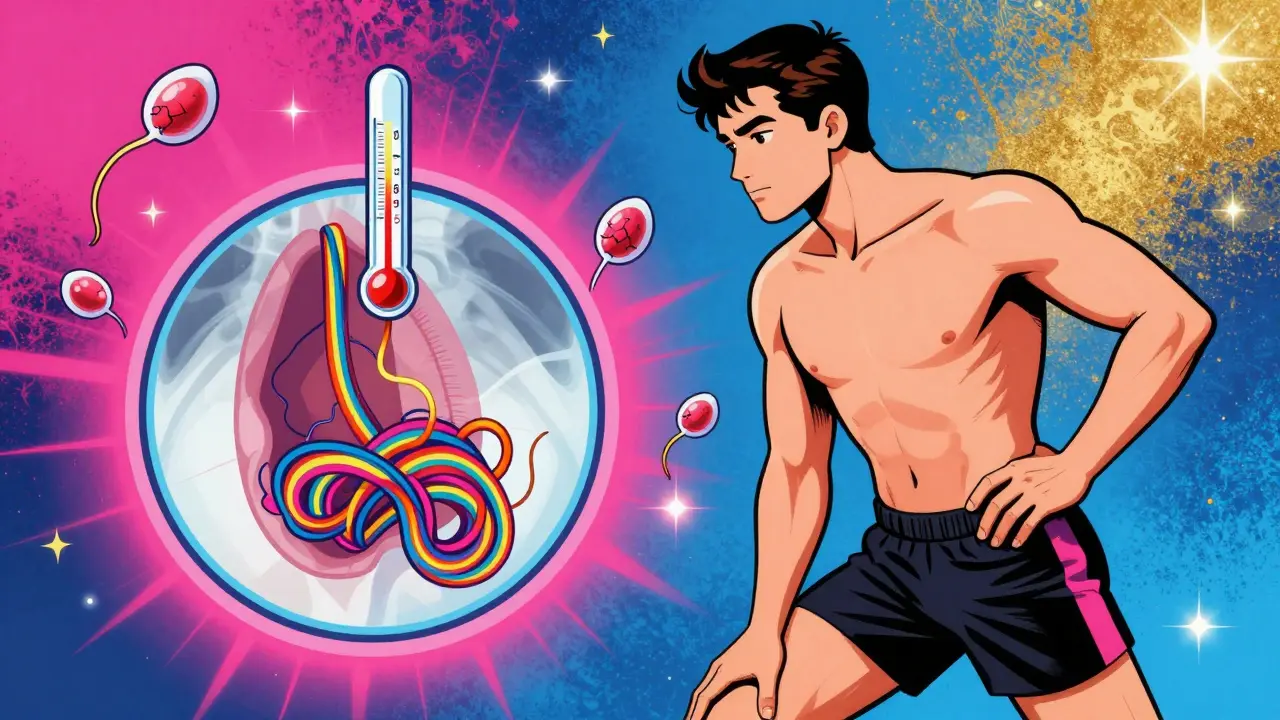 Атлет с увеличенным изображением варикоцеле слева и температурой выше нормы, в ярком психоделическом стиле.