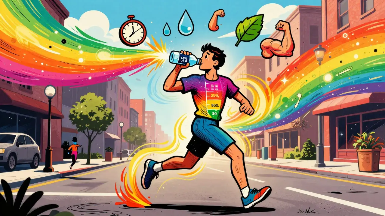 Бегун пьёт воду во время тренировки, вокруг него вспыхивают радужные волны энергии.