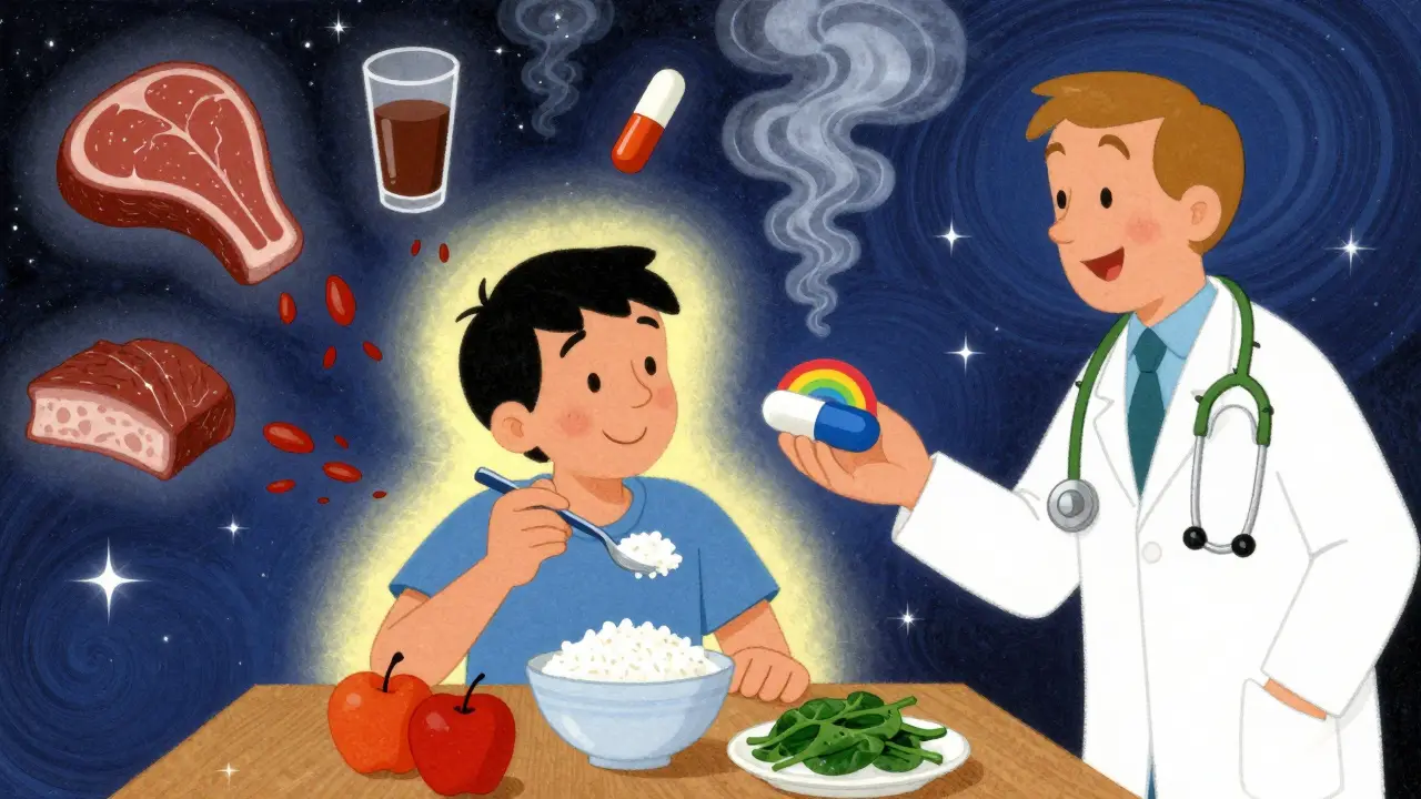 Человек ест здоровую пищу, а вредные продукты исчезают дымом, в ярком психоделическом стиле Питера Макса.