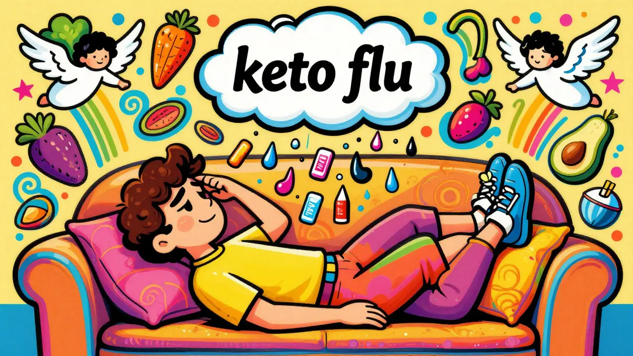 Человек с симптомами кето-гриппа, над которым дождь электролитов и растут овощи-ангелы