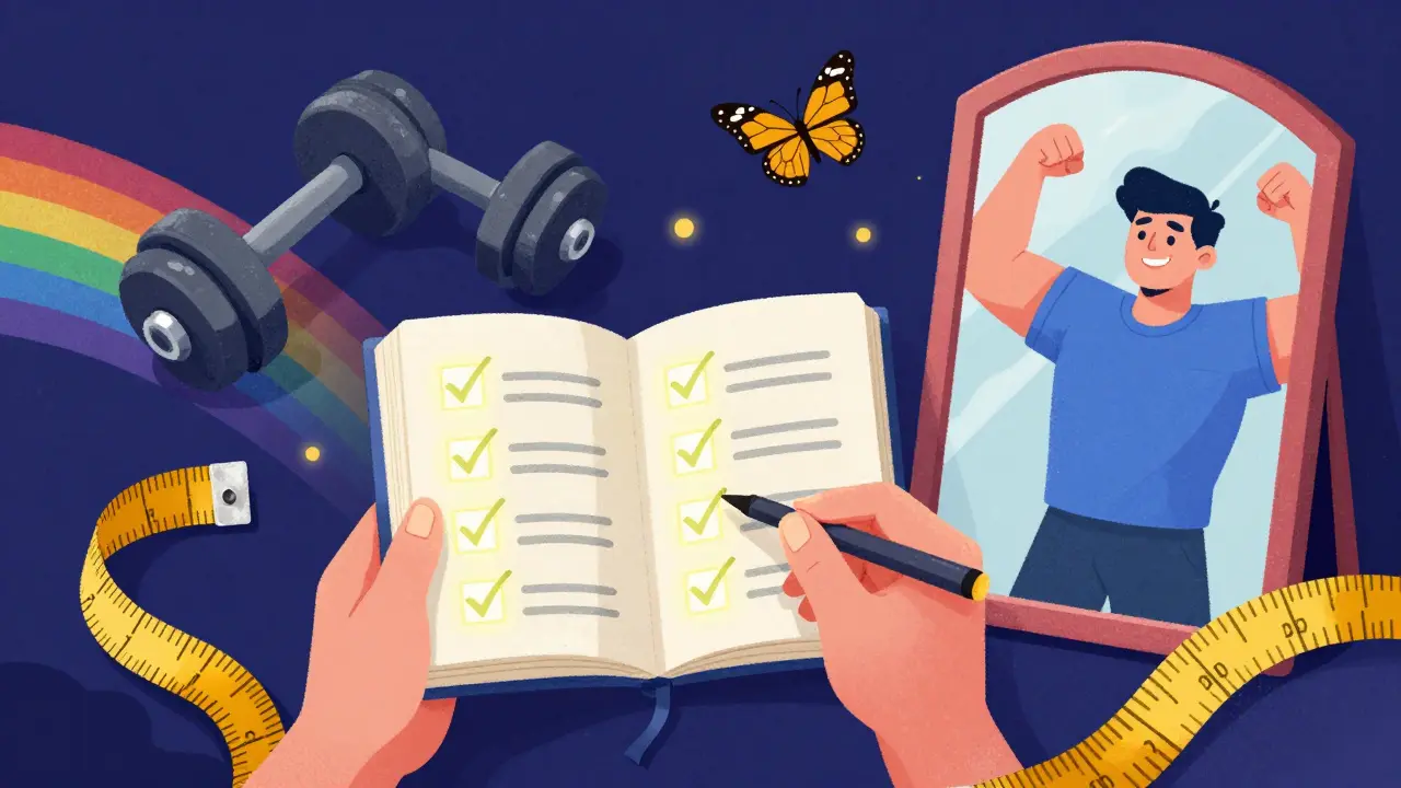 Человек ведет дневник, вокруг — измерительные ленты, гантели-бабочки и отражение сильной версии себя