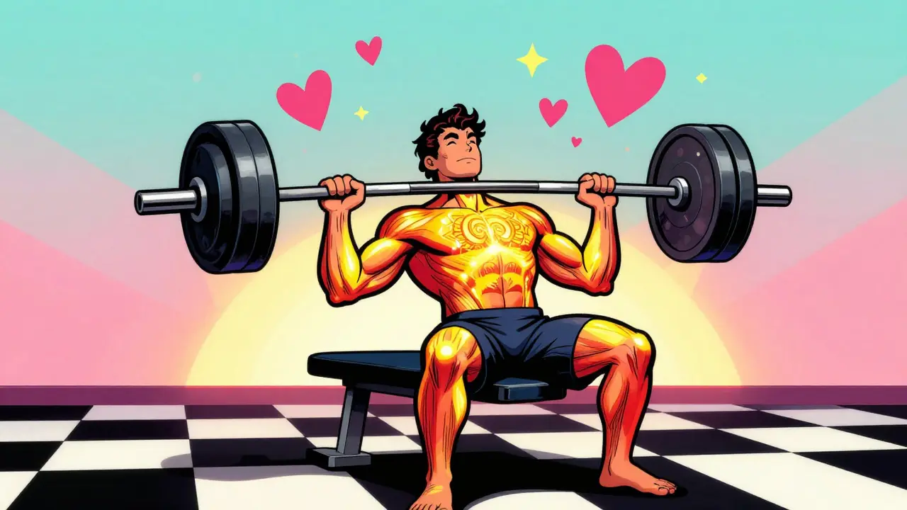Человек жмёт штангу лёжа, грудь и трицепсы светятся, вокруг — абстрактные звёзды и сердца, символизирующие гормоны.