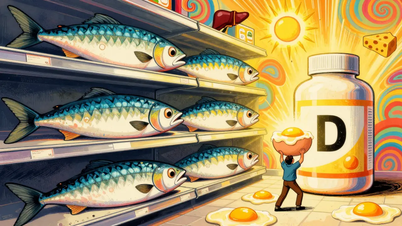 Гигантские рыбы и яичные желтки рядом с огромной бутылкой витамина D в ярком мультяшном стиле.