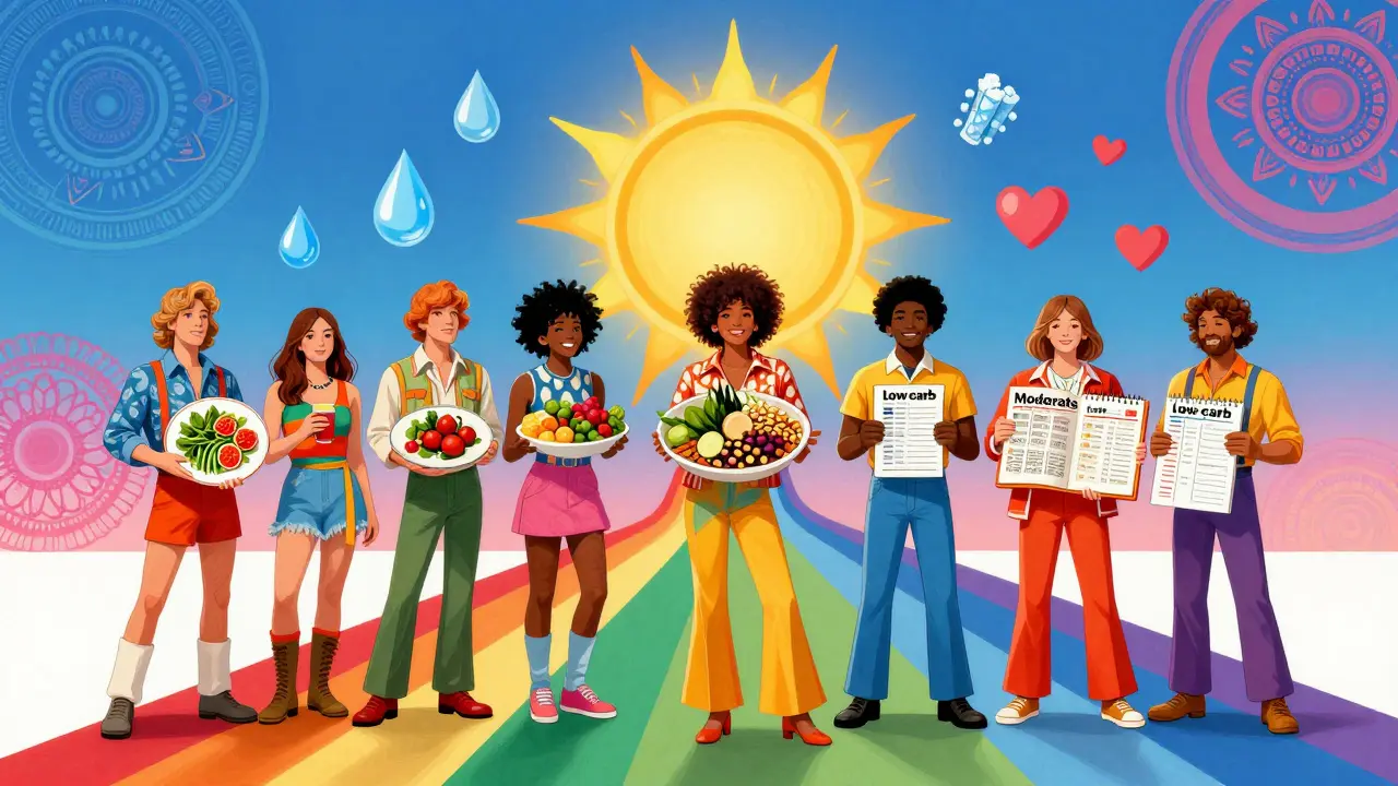 Люди с разными низкоуглеводными диетами идут по радуге к солнцу здоровья