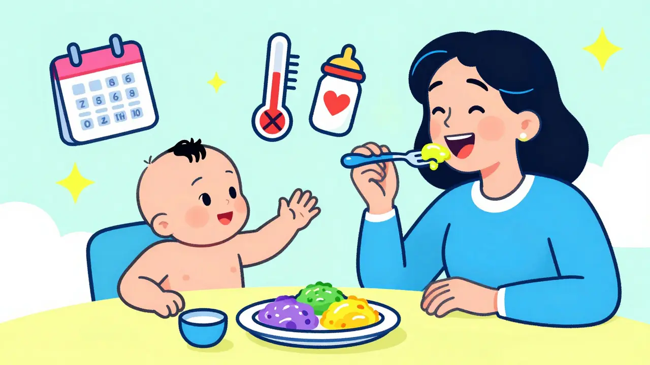 Мама ест рядом с ребенком, который тянется к тарелке, вокруг — символы прикорма и календаря.