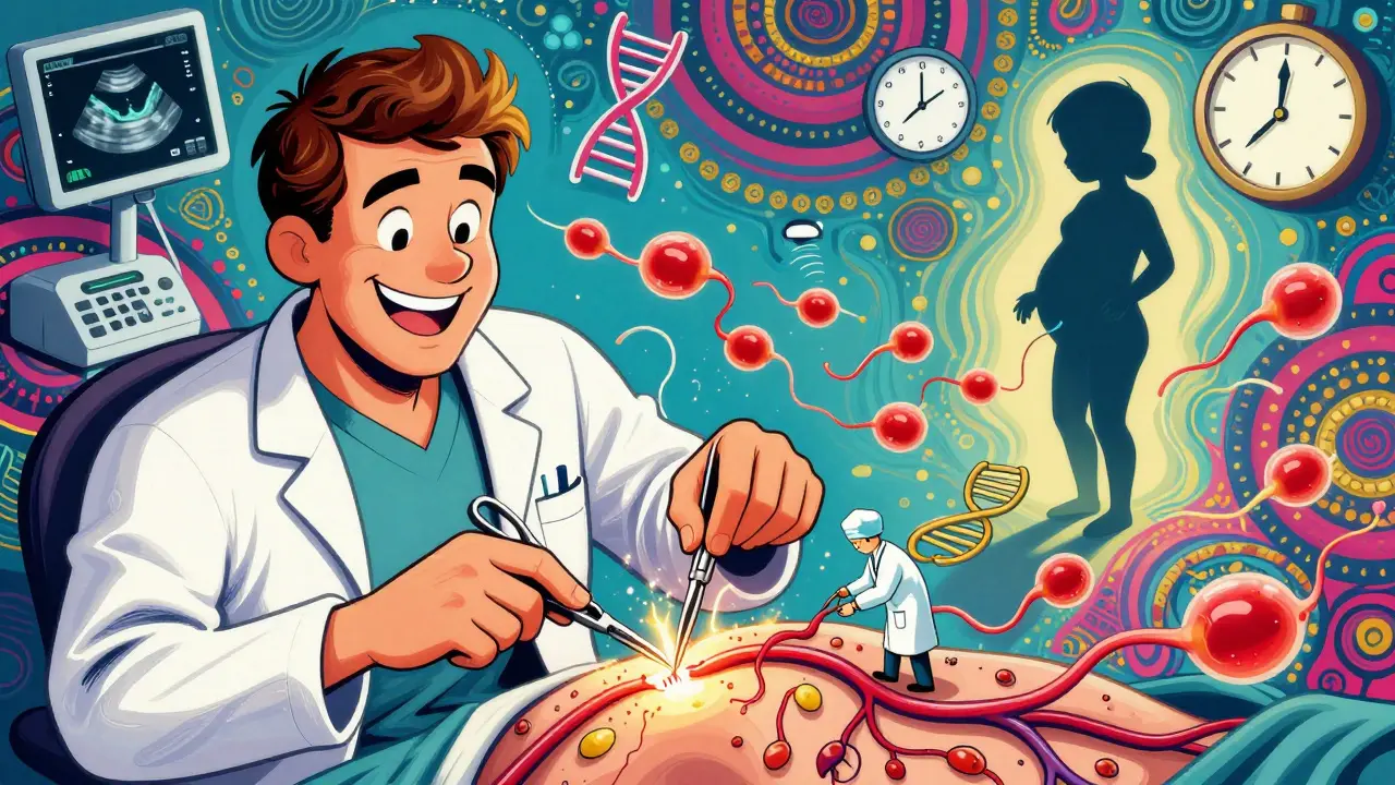 Мужчина после операции, с микроскопическими хирургами и марширующими сперматозоидами к ребенку, в стиле Питера Макса.