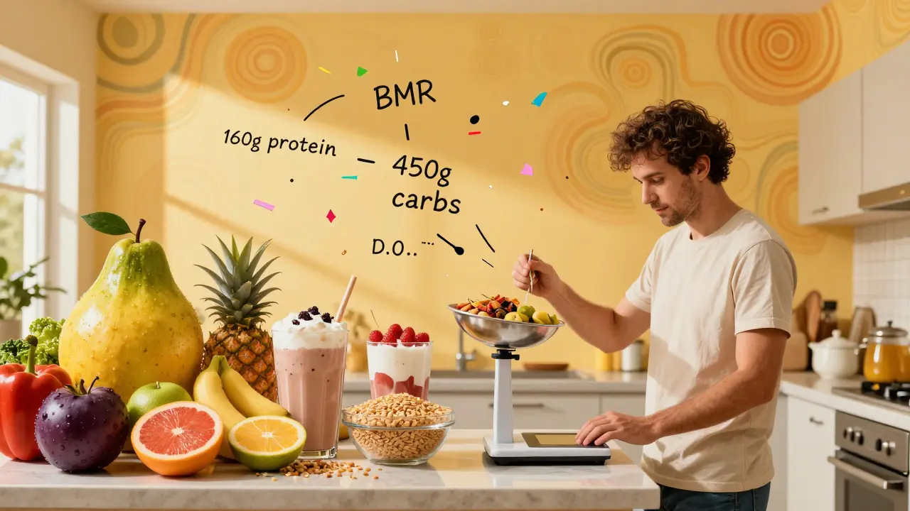 Мужчина взвешивает еду на кухне, вокруг него летят формулы белков, углеводов и калорий в стиле Питера Макса.