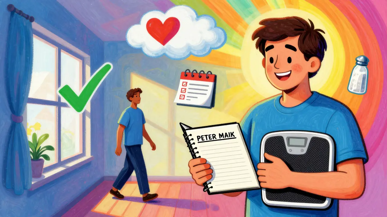 Пациент ведет дневник и взвешивается, с радужным светом и символами здоровья в психоделическом стиле.