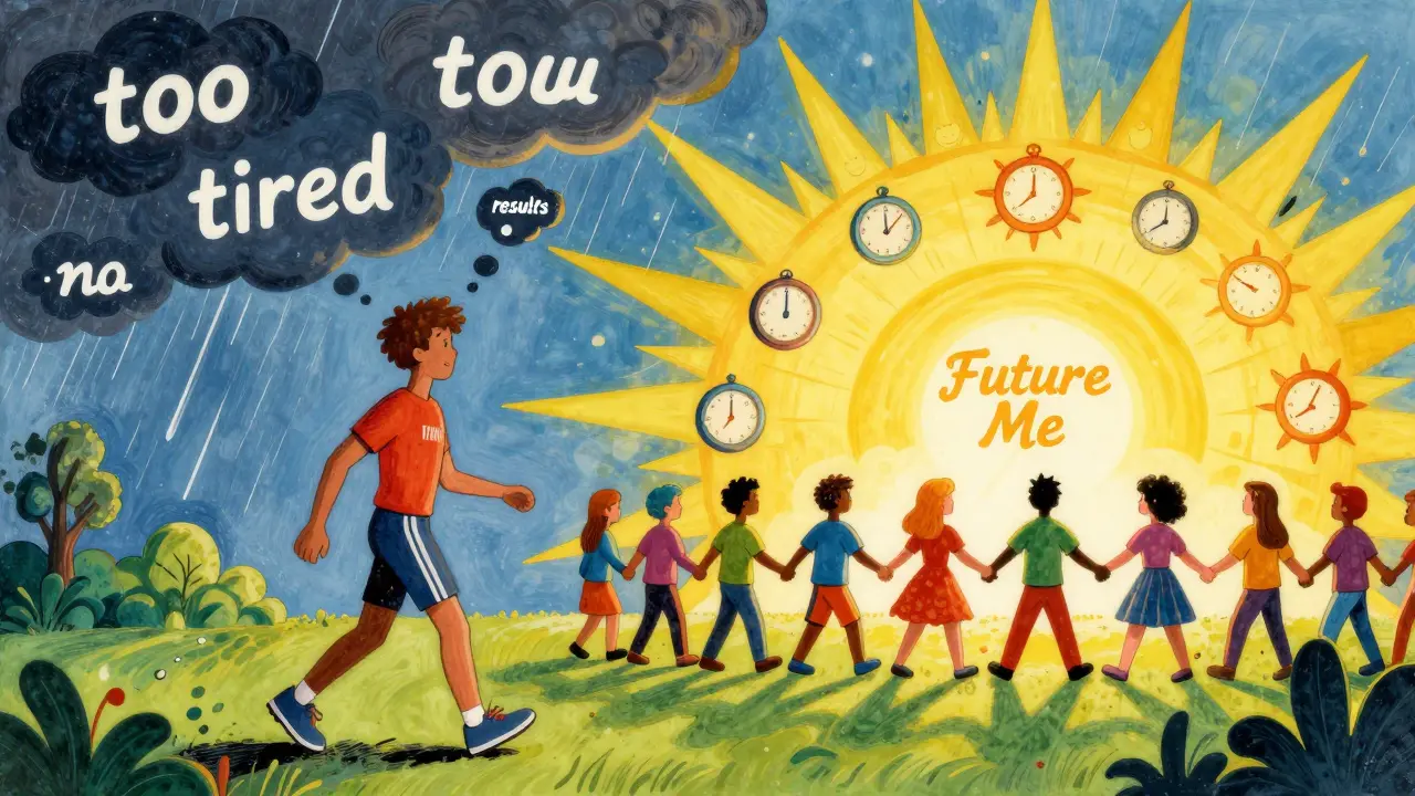 Персонаж идет через бурю к сообществу и светлому будущему в стиле Питера Макса