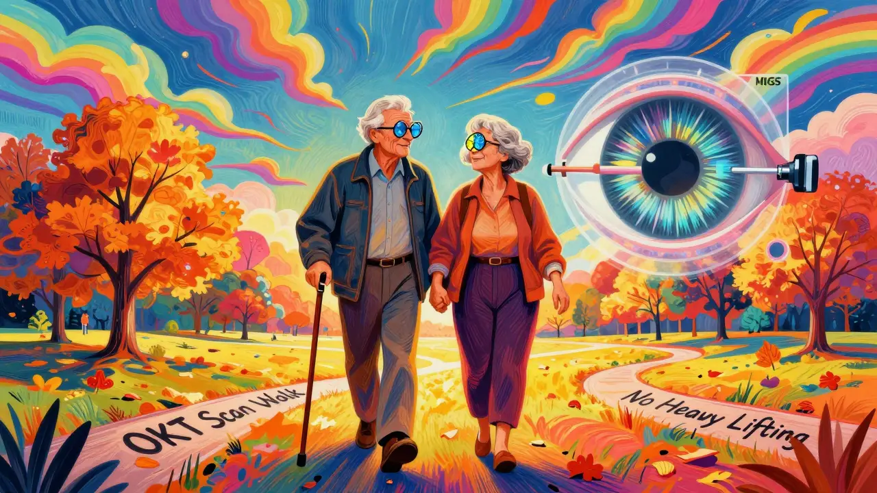 Пожилая пара гуляет в парке, за ними — прозрачный глаз с имплантом, а на земле — пути профилактики: прогулки, сканирование, защита от солнца.