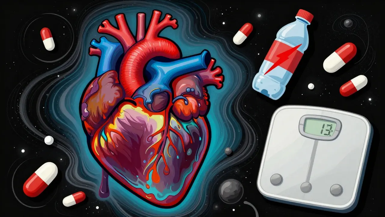 Разрезанное сердце с кровотоком и застоем жидкости, окруженное лекарствами и символами образа жизни.