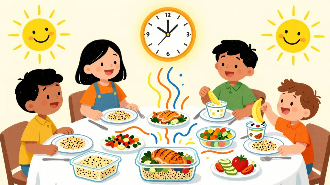 Семья готовит еду на неделю: крупы, курица и овощи в ярких контейнерах, вокруг — радужные энергетические волны.