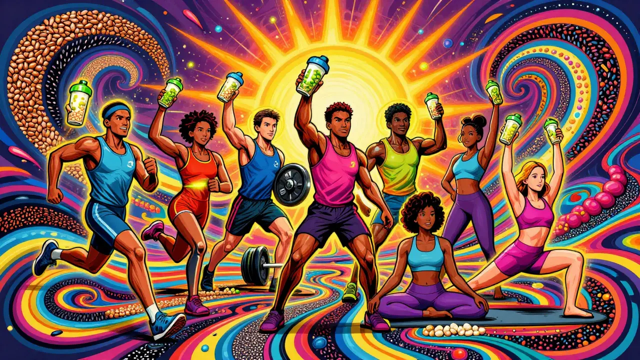 Спортсмены пьют протеин из шейкеров, вокруг — семена льна и чиа в психоделическом стиле.