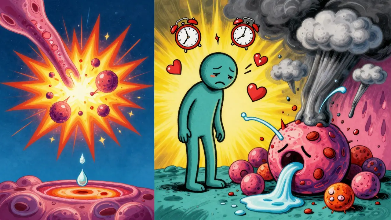 Сравнение реакции на малую и большую дозу: иммунная система против перегрузки клеток, в стиле Питера Макса.