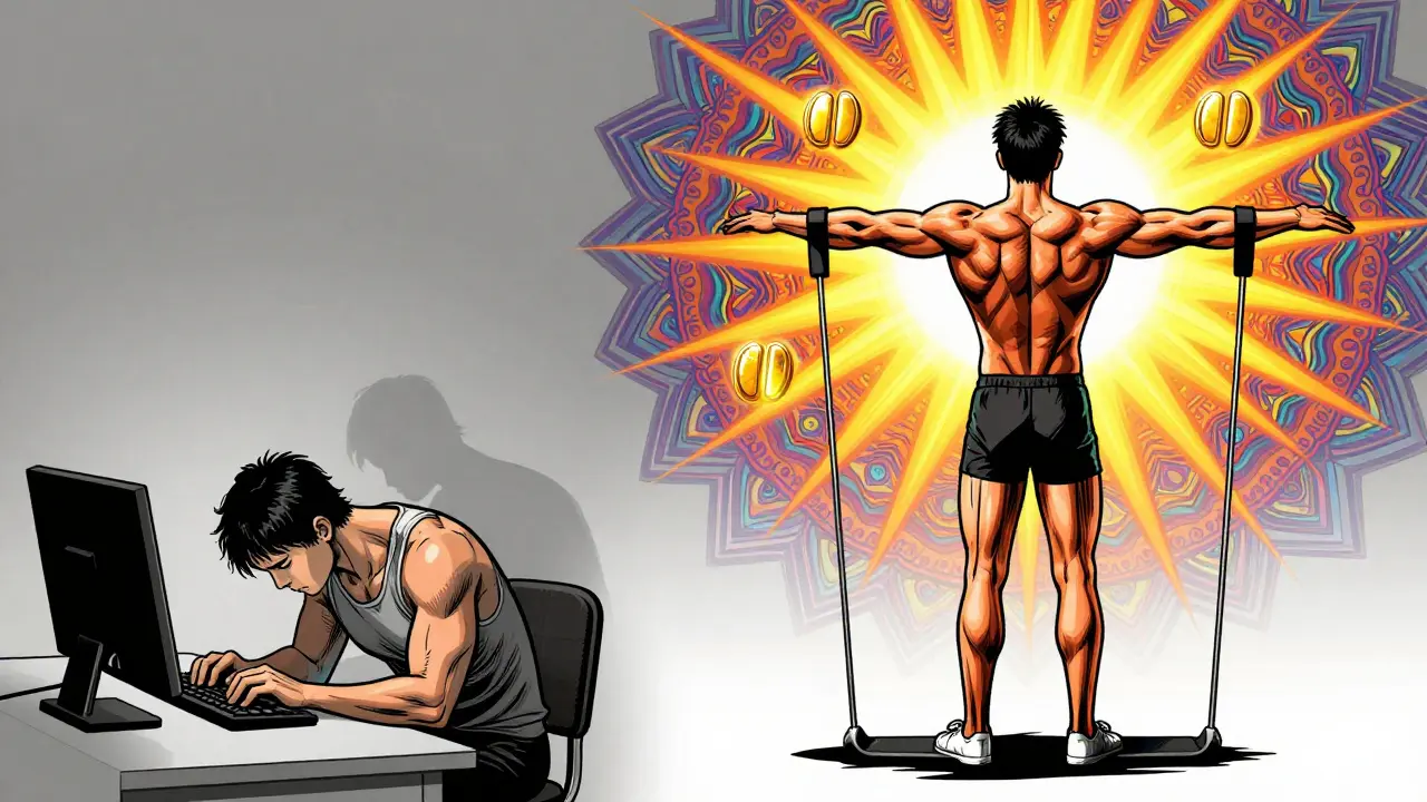 Сравнение сутулой и исправленной осанки с цветными энергетическими линиями