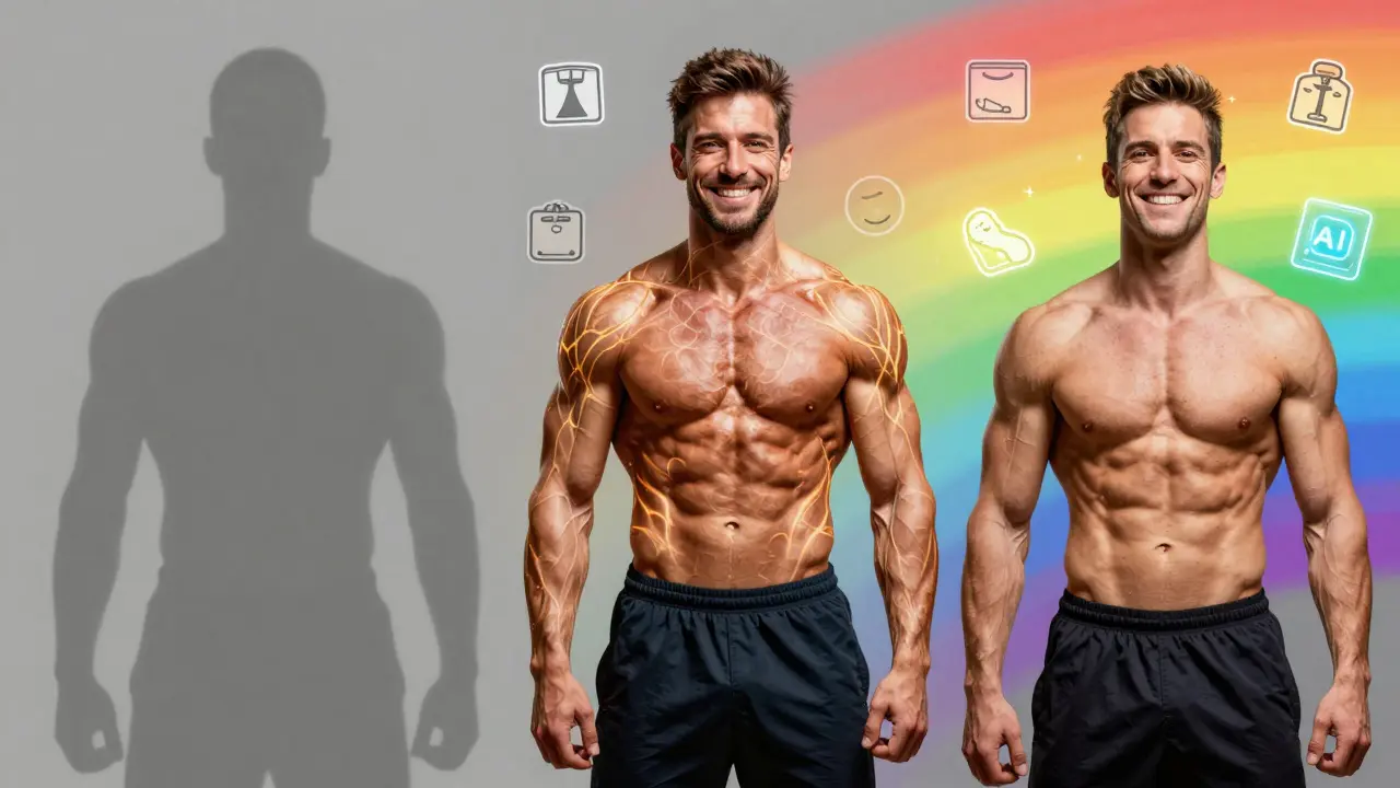Трехэтапная иллюстрация роста атлета: от худого до мускулистого, с радужными фонами и символами прогресса.